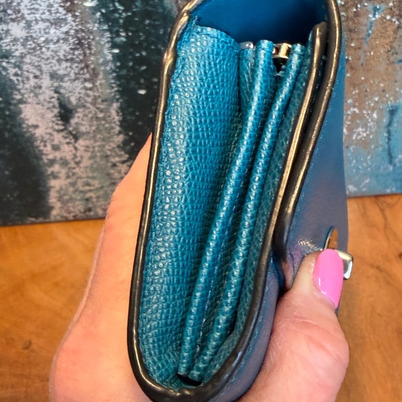 COACH Textured Leather Slim Envelope Wallet w/Pop-Up Pouch: Teal & Purple - Picture 6 of 16